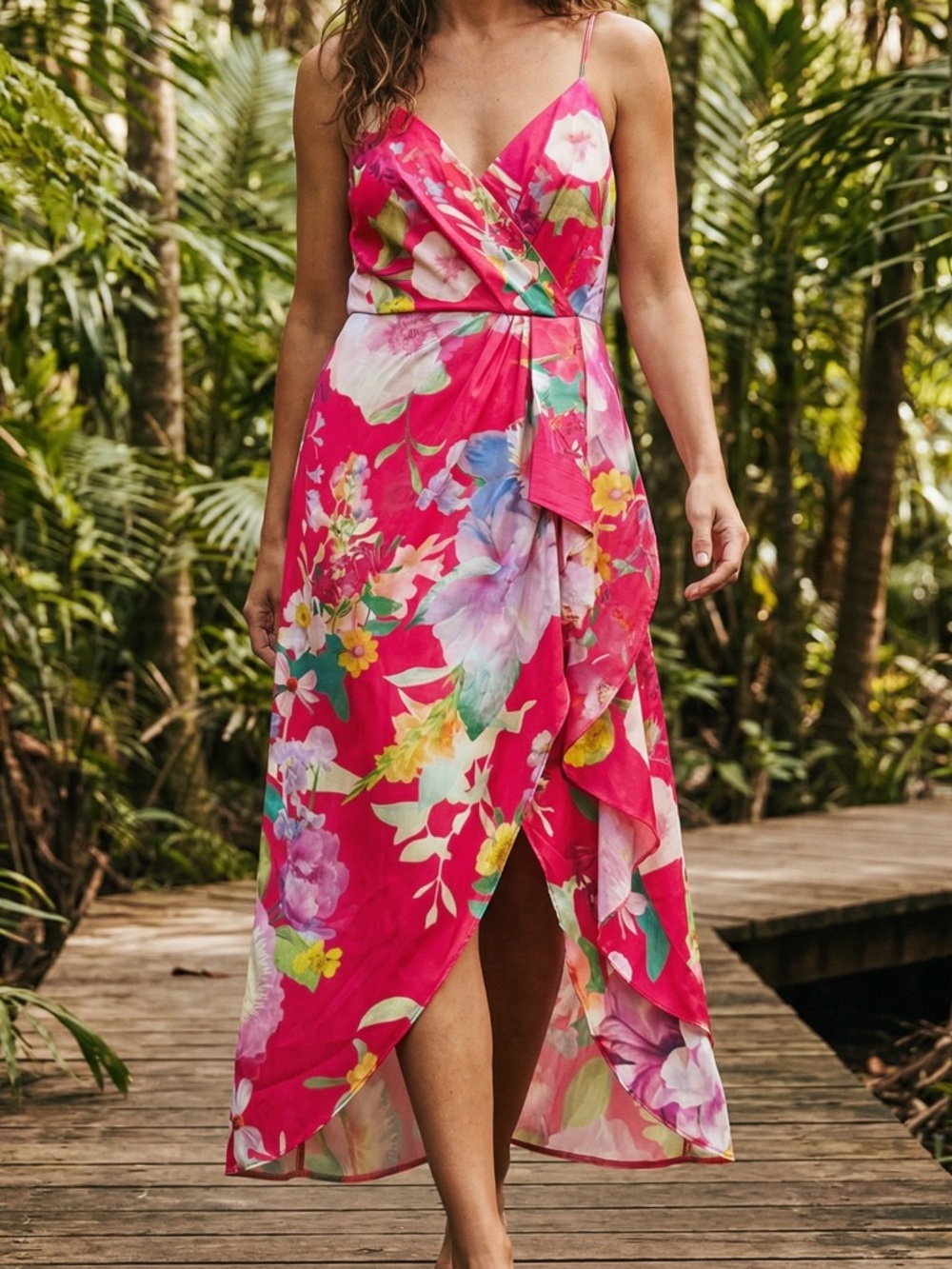 Lipsy Pink Floral Wrap Ruffle Midi Dress US 14